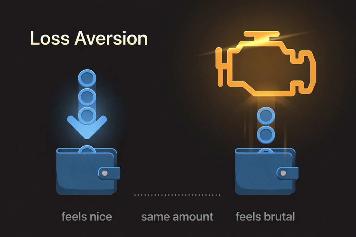 Loss aversion: the same amount feels nice coming in and brutal going out toward a check engine light